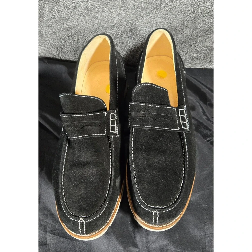 Girotti Black Suede Penny Loafers White Contrast Stitching Wedge Sole Mens EU 43